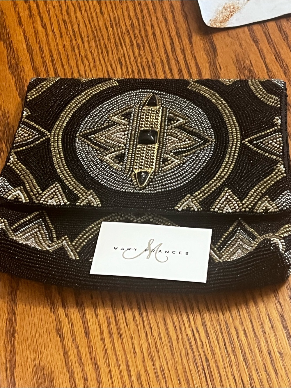 Mary Frances Black and Gold Geometric Beaded Envelope Clutch